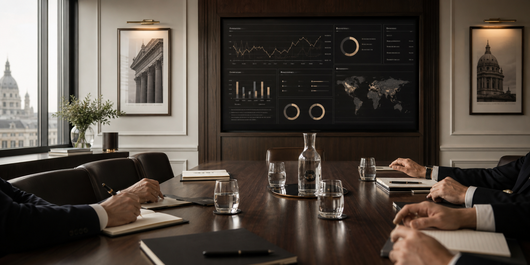 Executive boardroom with business intelligence dashboards