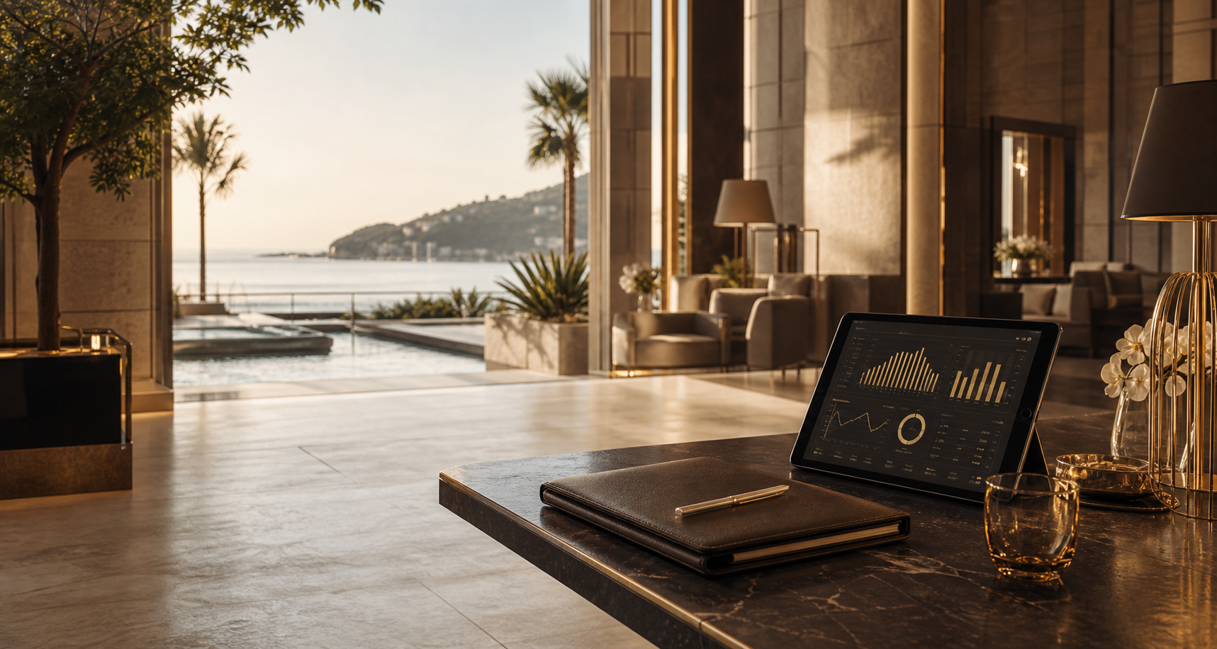 Luxury resort lobby with executive intelligence dashboard